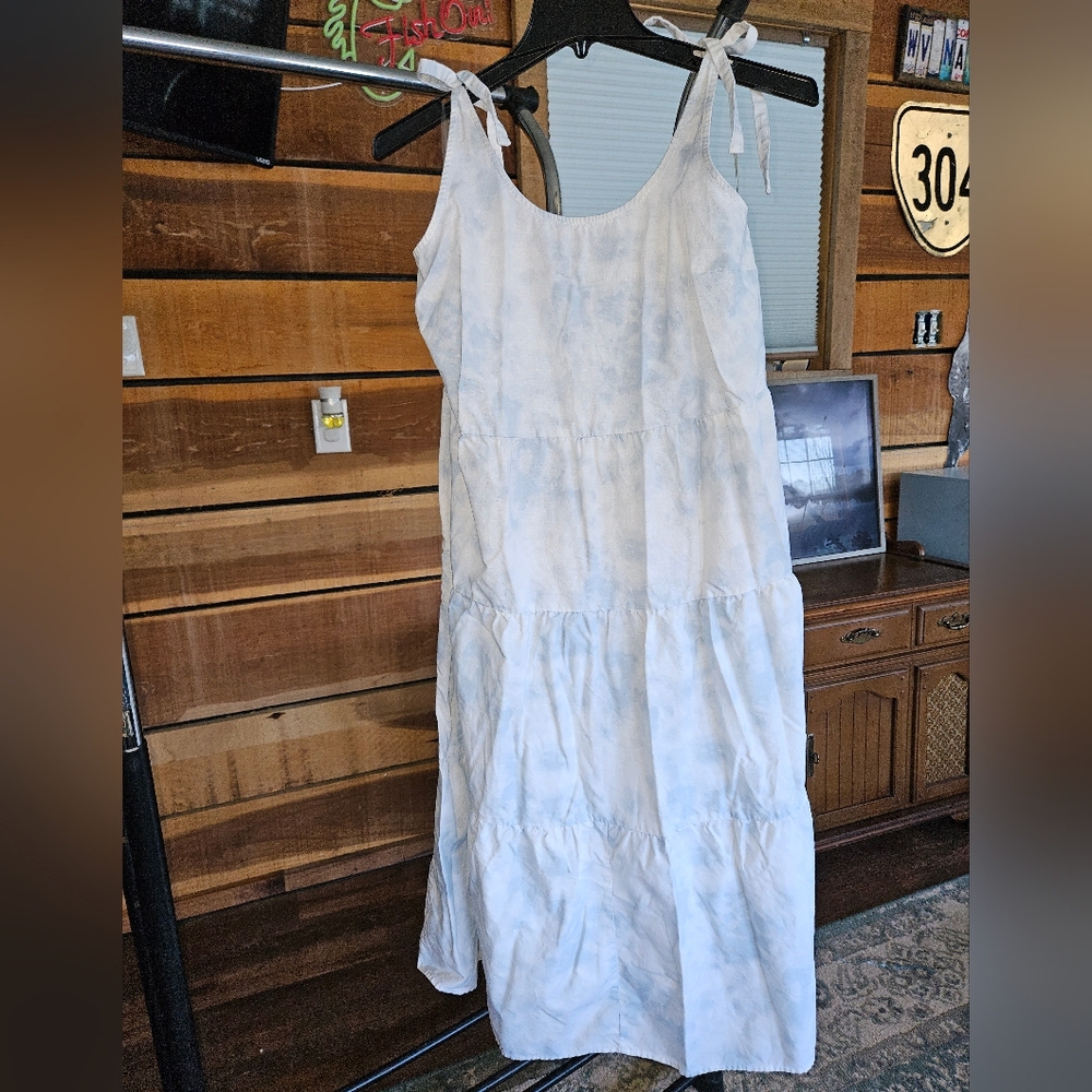 beachlunchlounge Linen Blend Tie Dye Blue Tiered Midi Dress Sz20 Beachy Cruise
